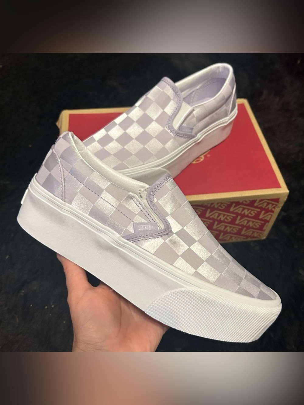 Vans Checkerboard Slip-On Platform Sneakers in Light Lavender and White